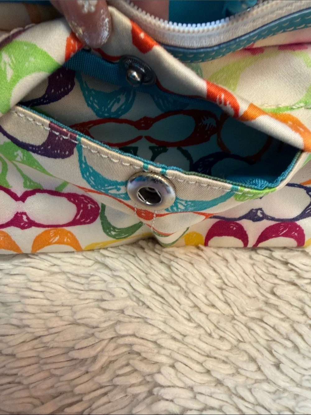 Vintage Coach Poppy Scribble  Wristlet/Clutch~Aqua Leather/Soft Canvas